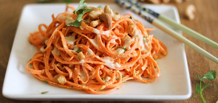 Raw Carrot Pasta With A Ginger Lime Almond Sauce