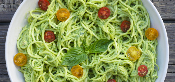 Zucchini Noodles Tossed In An Avocado Pesto